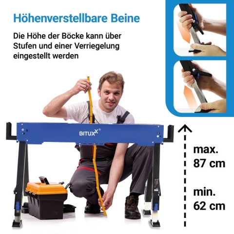 Zestaw 2 sztuki Stół roboczy / kozioł składany 600 kg 2× BITUXX – regulowana wysokość 62–87 cm
