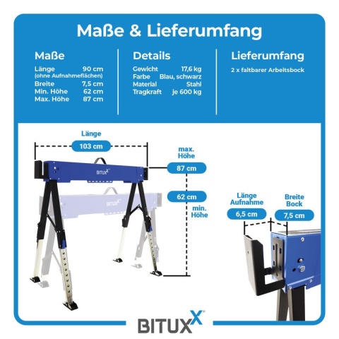 Zestaw 2 sztuki Stół roboczy / kozioł składany 600 kg 2× BITUXX – regulowana wysokość 62–87 cm