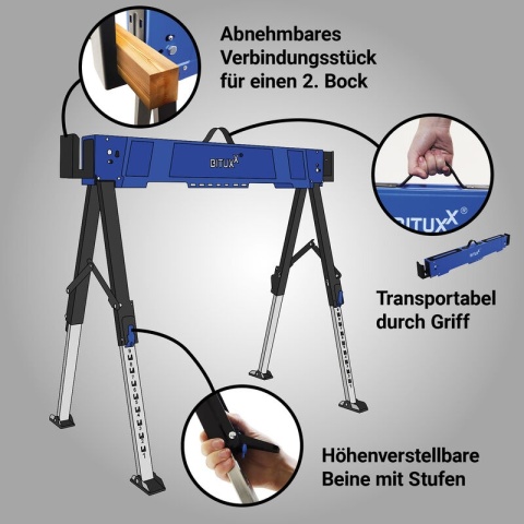 Zestaw 2 sztuki Stół roboczy / kozioł składany 600 kg 2× BITUXX – regulowana wysokość 62–87 cm