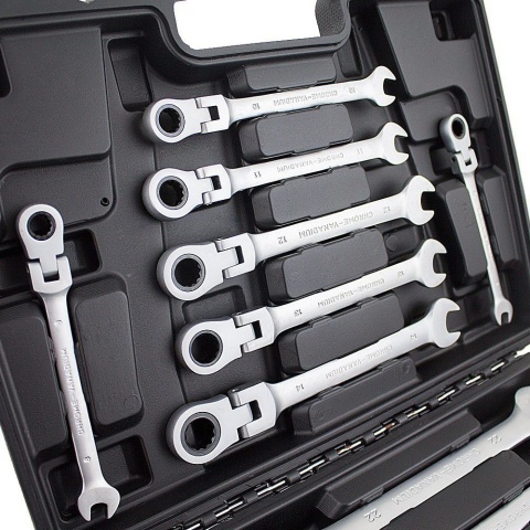 Zestaw Klucze Płasko Oczkowe Grzechotka Łamane 8‑19 mm 12 el