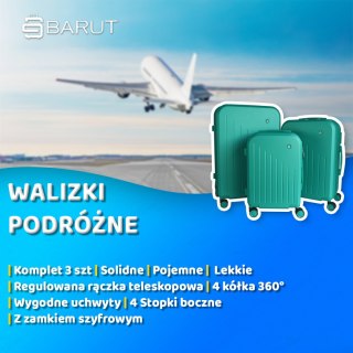 KOMPLET WALIZEK PODRÓŻNYCH 3SZT BARUT ABS NA 4 KÓŁKACH XL+L+M EMERALD