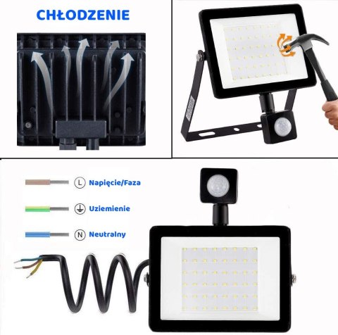 LAMPA NAŚWIETLACZ LED Z CZUJNIKIEM RUCHU 50W 5000LM IP65 DO OŚWIETLANIA WEJŚĆ