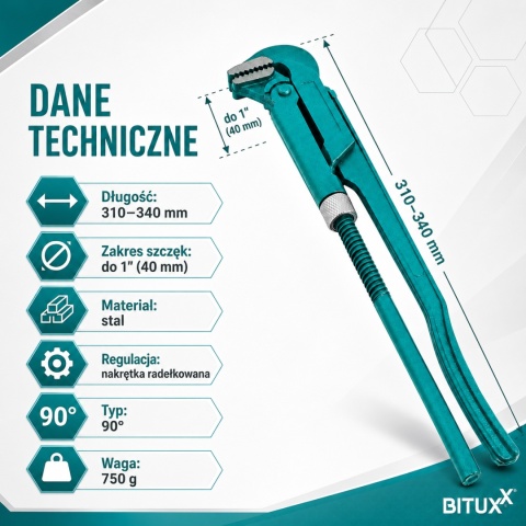 Klucz hydrauliczny Bituxx 90° – stalowy klucz do rur 1″ regulowany