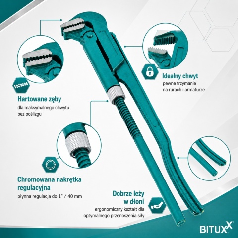 Klucz hydrauliczny Bituxx 90° – stalowy klucz do rur 1″ regulowany
