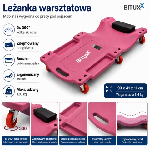BITUXX Leżanka warsztatowa na kółkach z półką 120 kg ergonomiczna montażowa deska warsztatowa do samochodu 6 kółek 360°