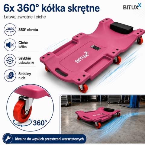 BITUXX Leżanka warsztatowa na kółkach z półką 120 kg ergonomiczna montażowa deska warsztatowa do samochodu 6 kółek 360°