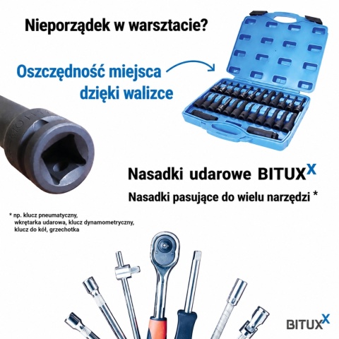 Bituxx 26‑częściowy zestaw nasadek 1/2″ – nasadki, bity Torx i wielozębate, profesjonalny komplet