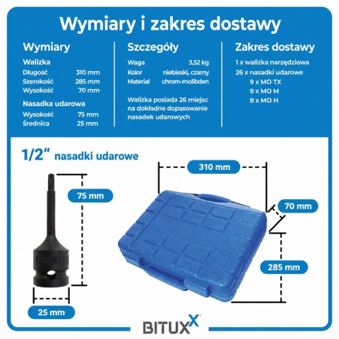Bituxx 26‑częściowy zestaw nasadek 1/2″ – nasadki, bity Torx i wielozębate, profesjonalny komplet