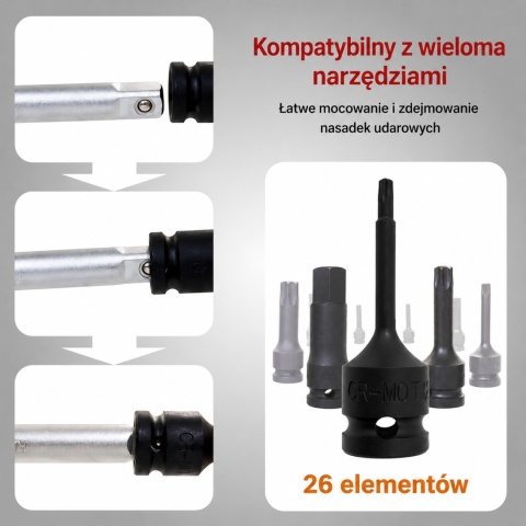 Bituxx 26‑częściowy zestaw nasadek 1/2″ – nasadki, bity Torx i wielozębate, profesjonalny komplet