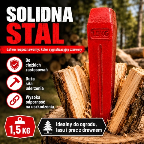 KLIN ROZŁUPUJĄCY BITUXX ŁUPARKA 1500G CIĘZKI CZERWONY ZE STALI DO DRZEWA