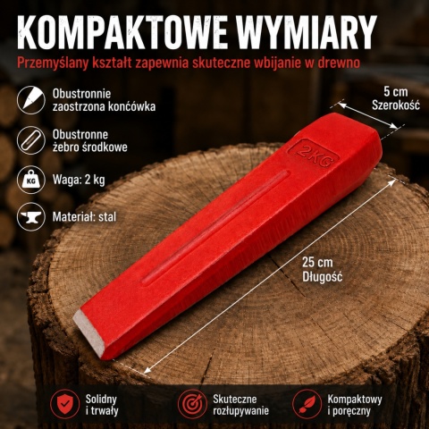 KLIN ROZŁUPUJĄCY BITUXX ŁUPARKA 2000G CIĘZKI CZERWONY ZE STALI DO DRZEWA