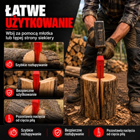 KLIN ROZŁUPUJĄCY BITUXX ŁUPARKA 2000G CIĘZKI CZERWONY ZE STALI DO DRZEWA