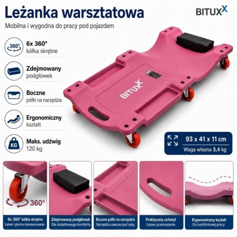 Leżanka warsztatowa BITUXX na kółkach 120/150 kg 6 kółek 360° wielowariantowa