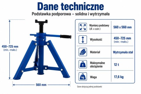 Podstawka podporowa 12T 450-725 mm stojak pod samochód warsztatowy do aut