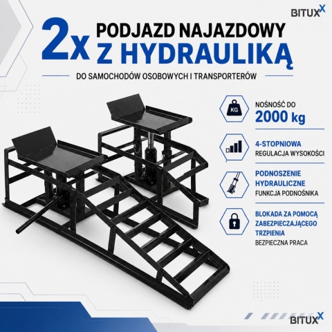 Bituxx 2x hydrauliczne najazdy samochodowe 2000 kg z podnośnikiem rampy serwisowe do auta