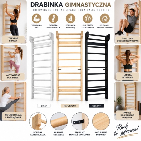 Drabinka gimnastyczna drewniana 195 cm do ćwiczeń fitness nstretchingu i rehabilitacji solidna drabinka ścienna3 kolory