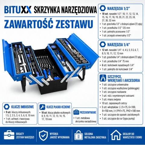 Skrzynka narzędziowa otwierana kolor niebieski 85 elementów Bituxx