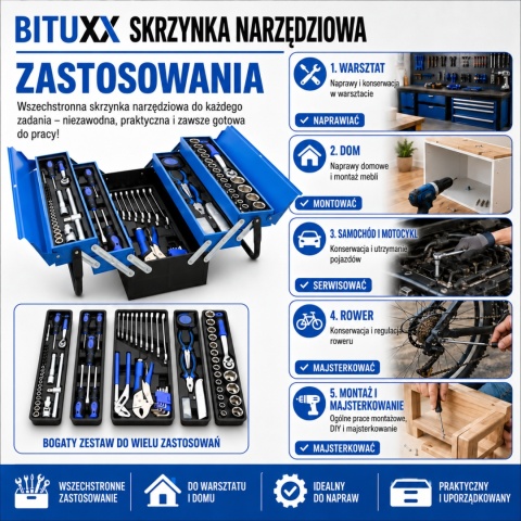 Skrzynka narzędziowa otwierana kolor niebieski 85 elementów Bituxx