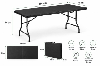 Stół ogrodowy składany 180 cm czarny HDPE walizka kempingowy