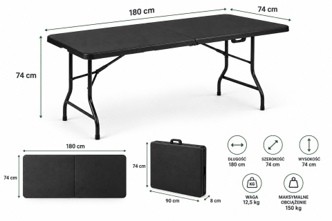 Stół ogrodowy składany 180 cm czarny HDPE walizka kempingowy