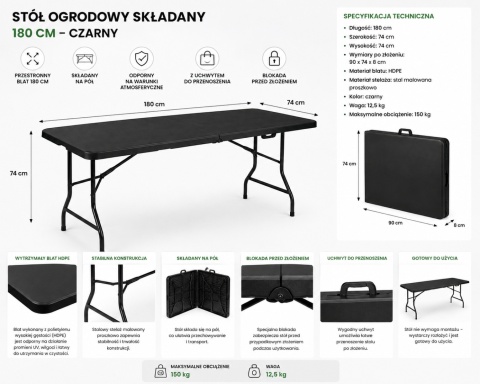 Stół ogrodowy składany 180 cm czarny HDPE walizka kempingowy