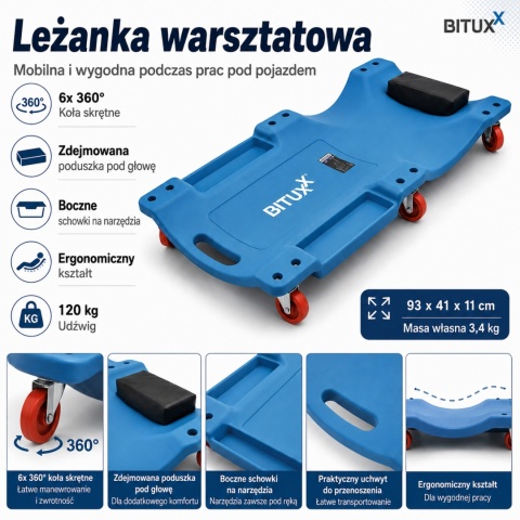WÓZEK - LEŻANKA WARSZTATOWA BITUXX DO WARSZTATU NA KÓŁKACH Z ZAGŁÓWKIEM