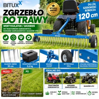 Wertykulator do trawy duzy do quada traktorka kosiarki regulowany solidny