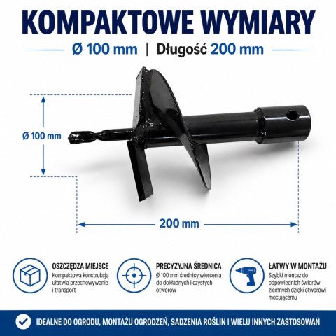 WIERTŁO do wiernicy glebowej 100 mm x 200 mm stalowe do otworów pod słupki działki