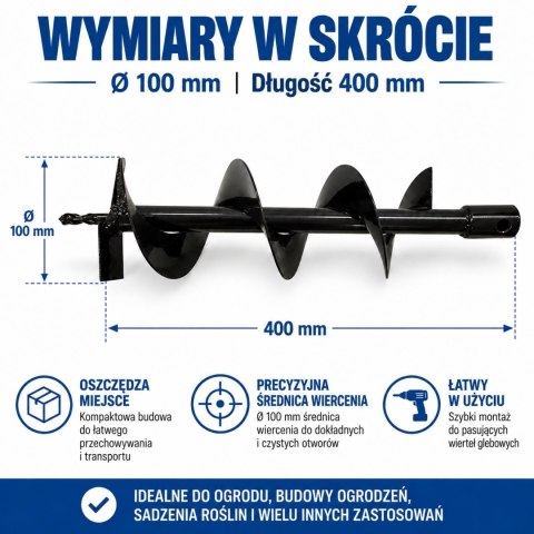 Wiertło glebowe 100 mm 400 mm świder do ziemi wiertnica stalowe do ogrodu trwałe