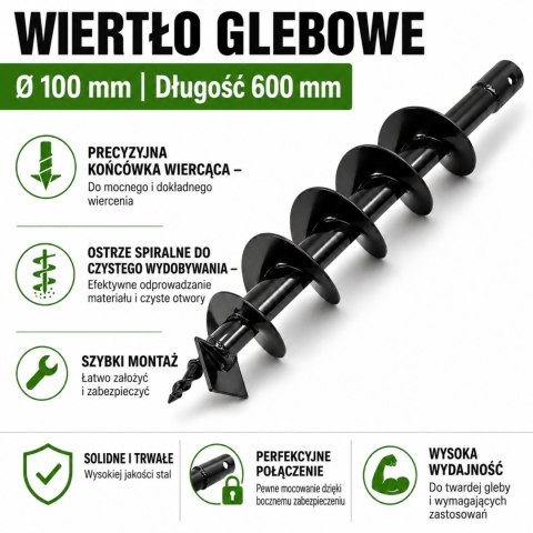 Wiertło glebowe 100 mm 600 mm do wiertnicy świder do ziemi stal solidne ogrodowe