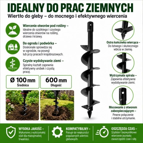 Wiertło glebowe 100 mm 600 mm do wiertnicy świder do ziemi stal solidne ogrodowe
