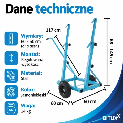 Wózek do transportu płyt do 200kg BITUXX okien regipsów drzwi i okien