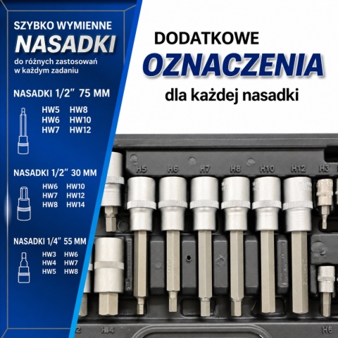 ZESTAW NASADEK IMBUSOWYCH KLUCZE 18 ELEMENTÓW STAL CHROMOWO WANADOWA